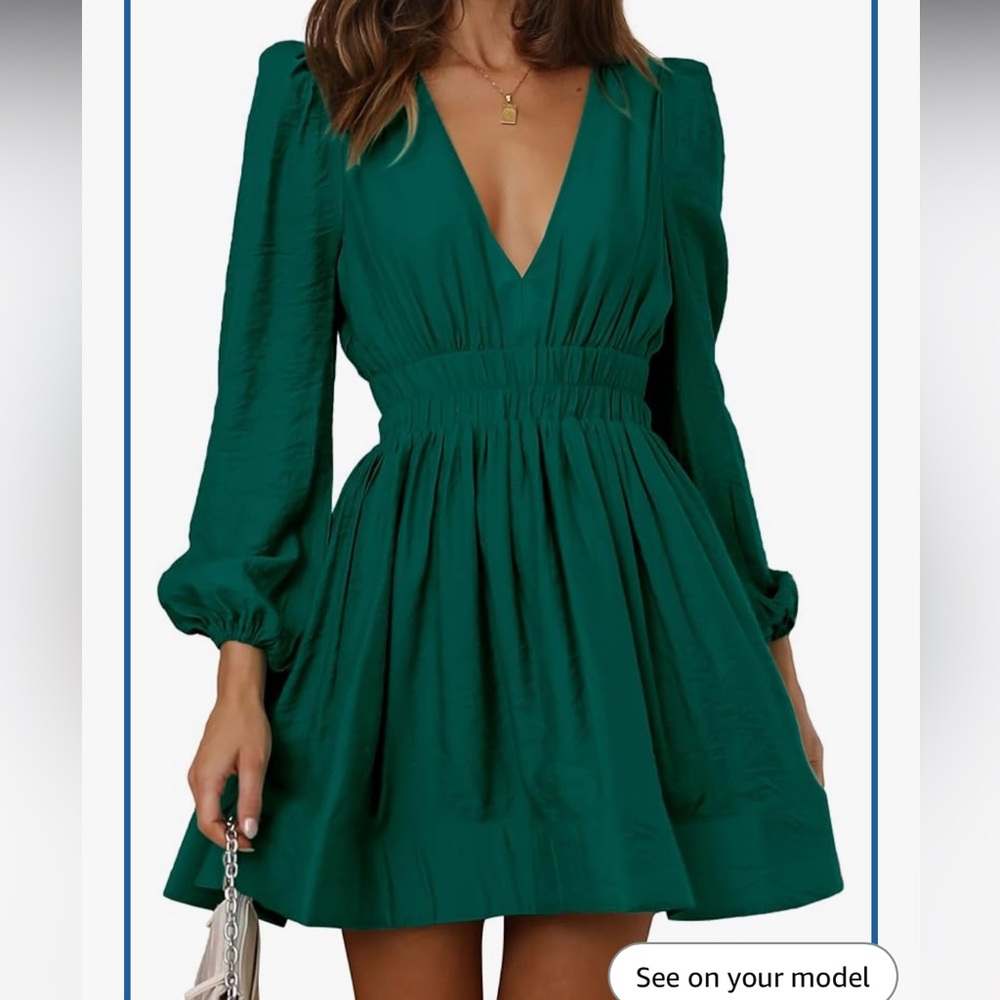 Green Women's Long Puff Sleeve Mini Dress